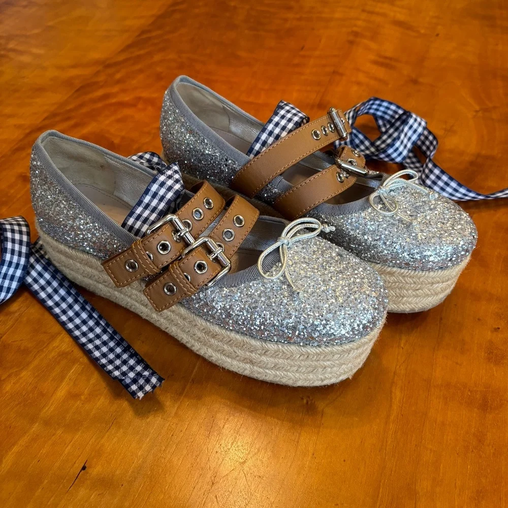 Miu Miu Silver Glitter Espadrille Platform Flats with Brown Straps